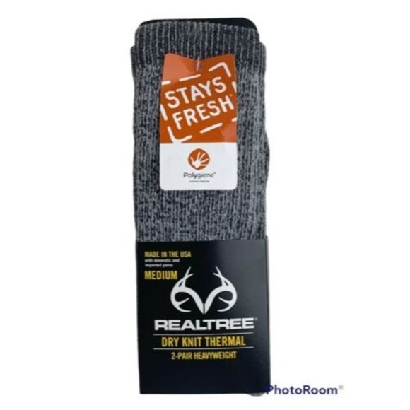 NWT Realtree Men's Dry Knit Thermal Socks, 2 Pair Heavyweight, Gray, Medium (M) - Picture 1 of 5
